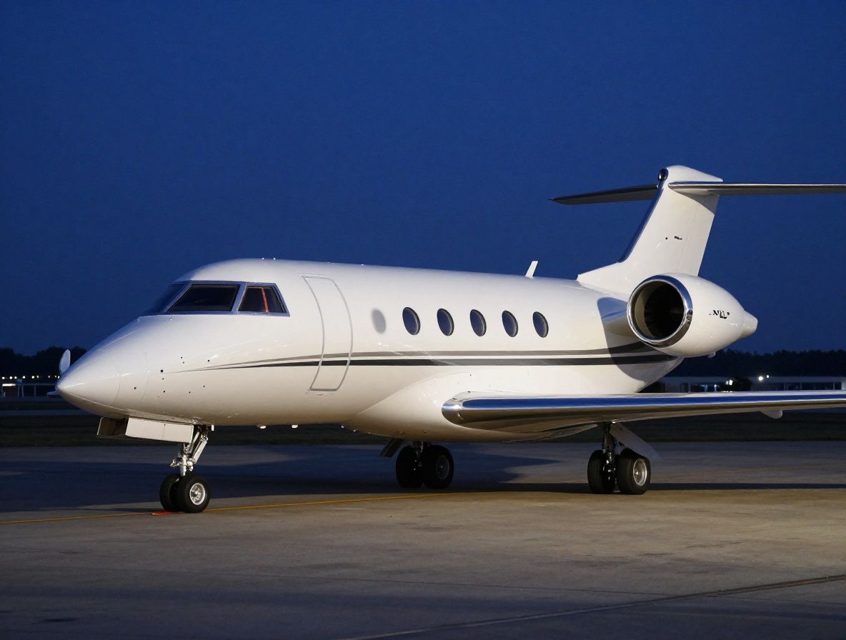 Белый бизнес-джет Gulfstream G700 на взлётной полосе частного аэропорта в ночных огнях со звёздным небом