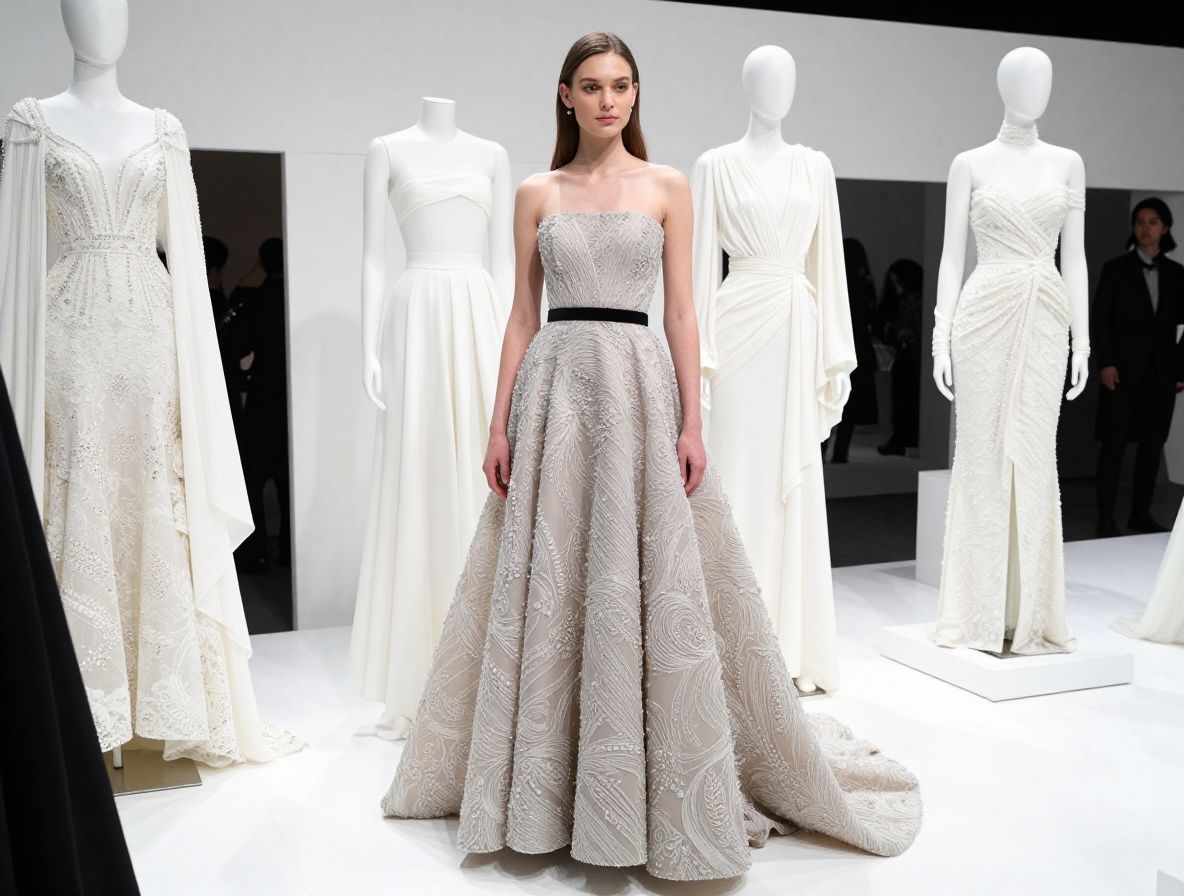 Выставка haute couture в Нью-Йорке: роскошные платья с вышивкой на белых манекенах в галерее с мраморным полом